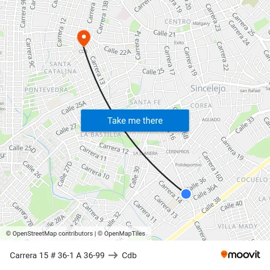 Carrera 15 # 36-1 A 36-99 to Cdb map