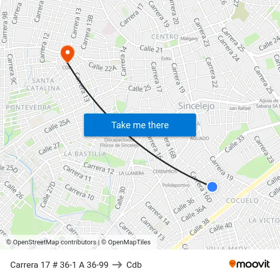 Carrera 17 # 36-1 A 36-99 to Cdb map