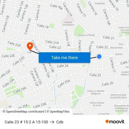 Calle 23 # 15-2 A 15-100 to Cdb map
