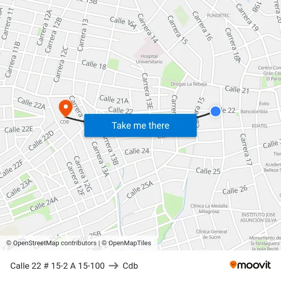 Calle 22 # 15-2 A 15-100 to Cdb map