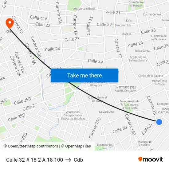 Calle 32 # 18-2 A 18-100 to Cdb map