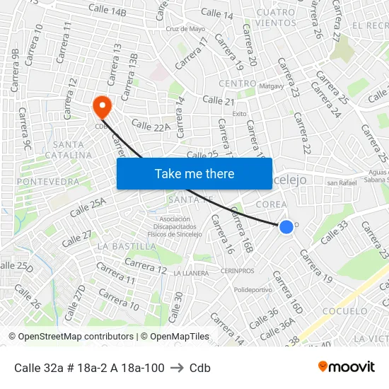 Calle 32a # 18a-2 A 18a-100 to Cdb map