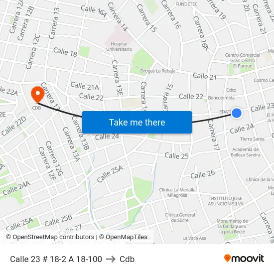 Calle 23 # 18-2 A 18-100 to Cdb map
