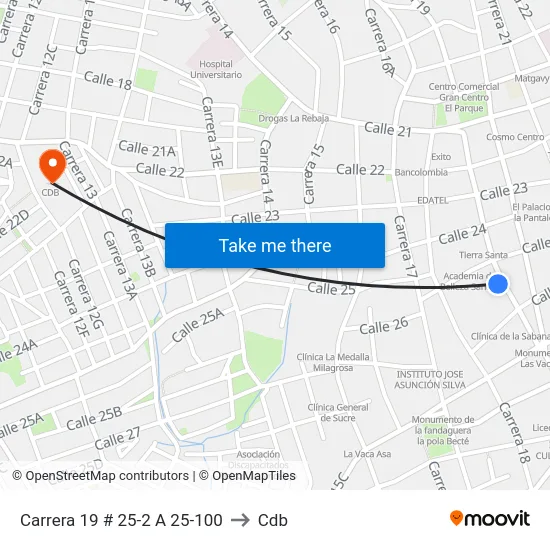 Carrera 19 # 25-2 A 25-100 to Cdb map