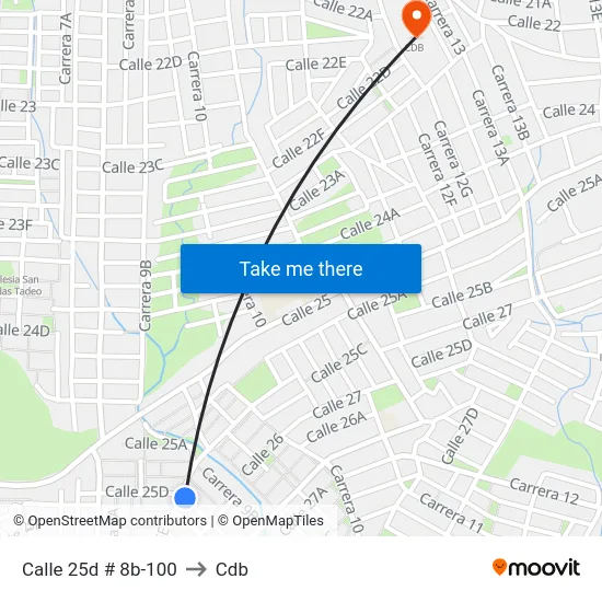 Calle 25d # 8b-100 to Cdb map