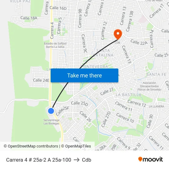 Carrera 4 # 25a-2 A 25a-100 to Cdb map