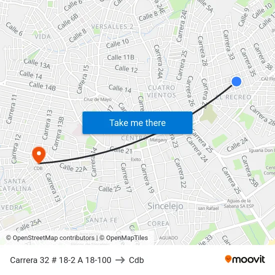 Carrera 32 # 18-2 A 18-100 to Cdb map