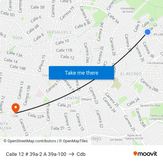 Calle 12 # 39a-2 A 39a-100 to Cdb map