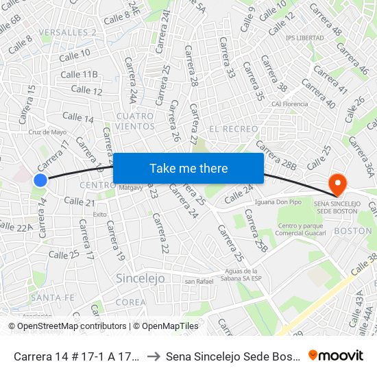 Carrera 14 # 17-1 A 17-99 to Sena Sincelejo Sede Boston map