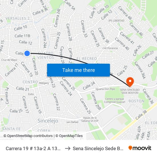 Carrera 19 # 13a-2 A 13a-100 to Sena Sincelejo Sede Boston map