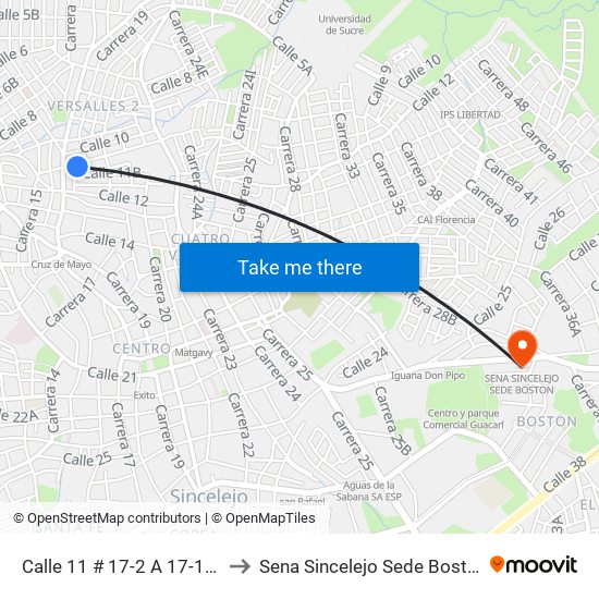 Calle 11 # 17-2 A 17-100 to Sena Sincelejo Sede Boston map