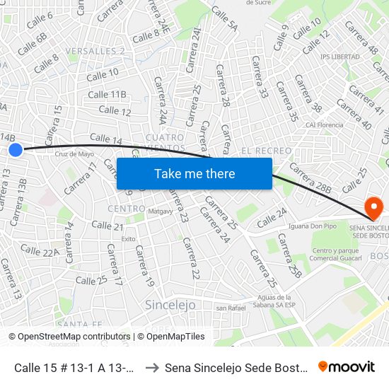 Calle 15 # 13-1 A 13-99 to Sena Sincelejo Sede Boston map