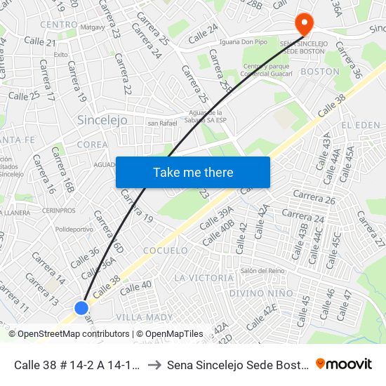 Calle 38 # 14-2 A 14-100 to Sena Sincelejo Sede Boston map