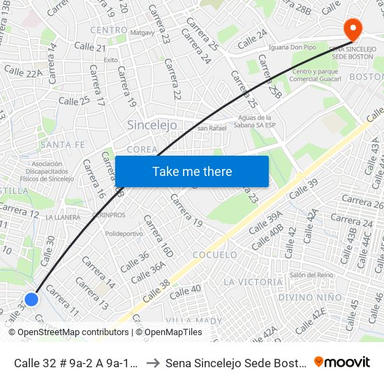 Calle 32 # 9a-2 A 9a-100 to Sena Sincelejo Sede Boston map