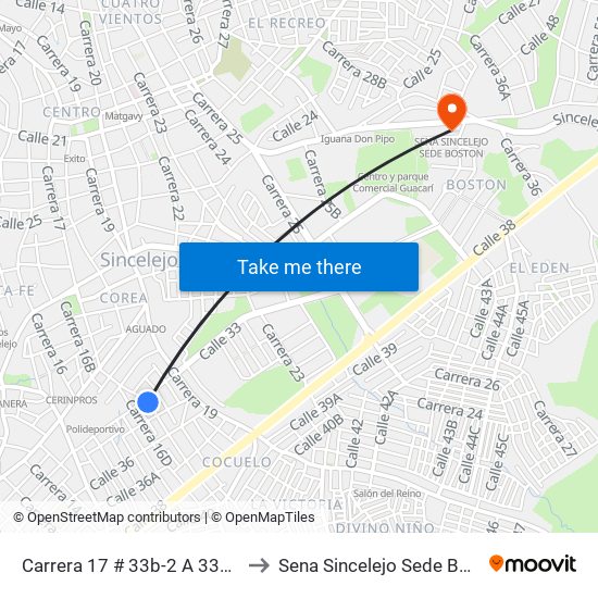 Carrera 17 # 33b-2 A 33b-100 to Sena Sincelejo Sede Boston map