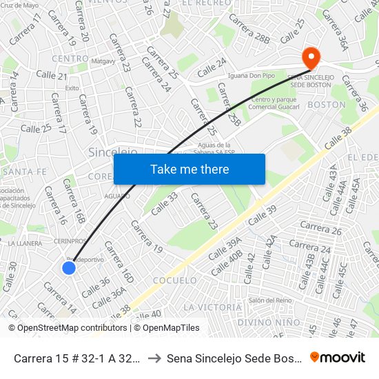Carrera 15 # 32-1 A 32-99 to Sena Sincelejo Sede Boston map