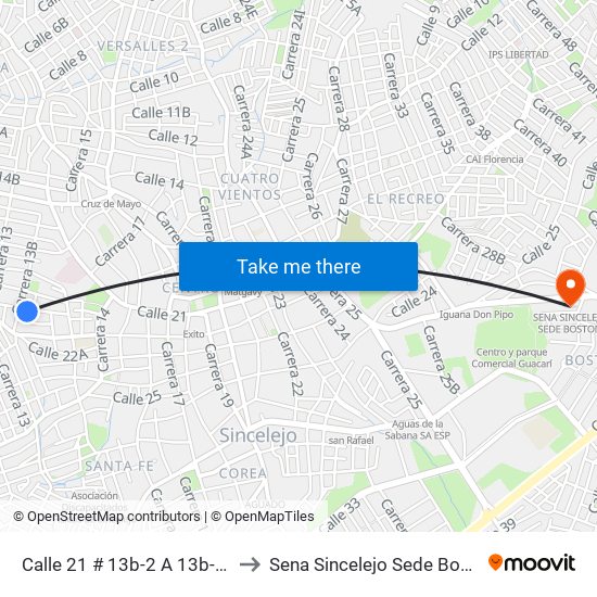 Calle 21 # 13b-2 A 13b-100 to Sena Sincelejo Sede Boston map