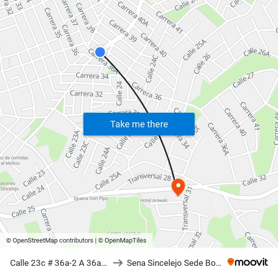 Calle 23c # 36a-2 A 36a-100 to Sena Sincelejo Sede Boston map