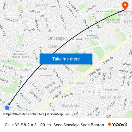 Calle 32 # 8-2 A 8-100 to Sena Sincelejo Sede Boston map