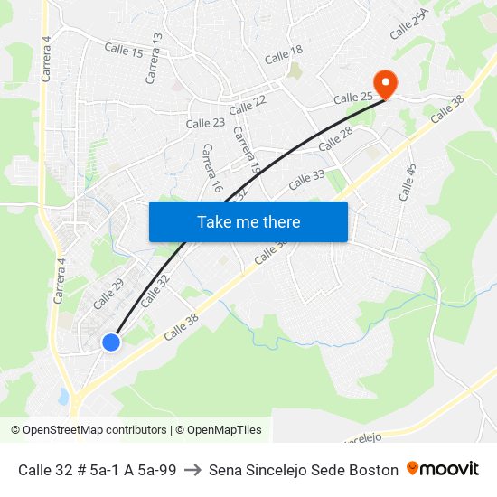 Calle 32 # 5a-1 A 5a-99 to Sena Sincelejo Sede Boston map