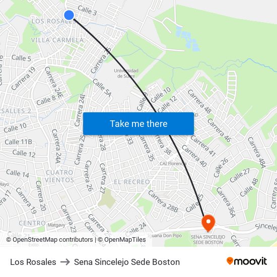 Los Rosales to Sena Sincelejo Sede Boston map