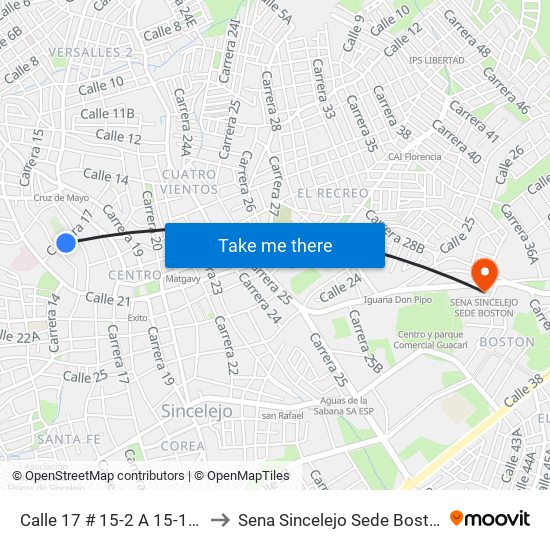 Calle 17 # 15-2 A 15-100 to Sena Sincelejo Sede Boston map