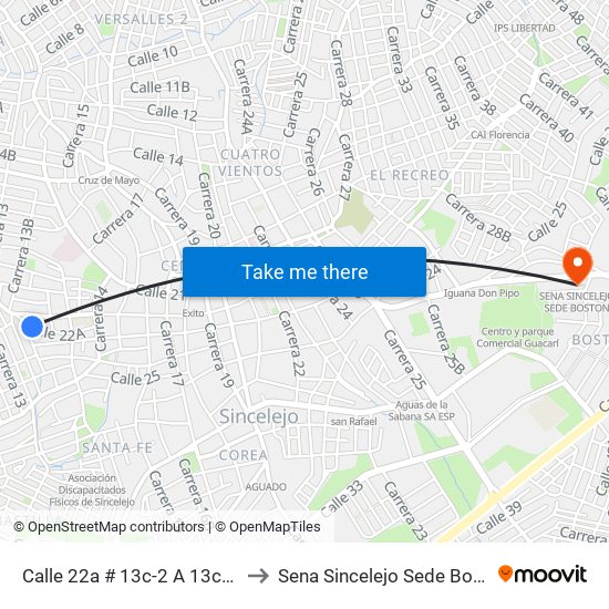 Calle 22a # 13c-2 A 13c-100 to Sena Sincelejo Sede Boston map