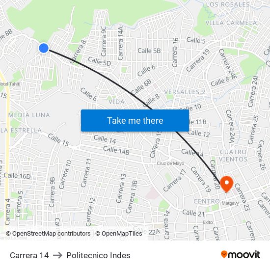 Carrera 14 to Politecnico Indes map