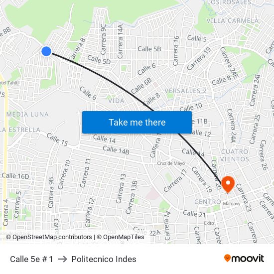 Calle 5e # 1 to Politecnico Indes map