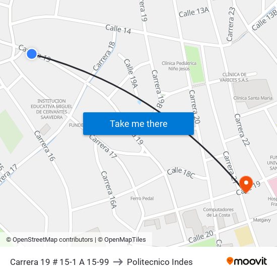 Carrera 19 # 15-1 A 15-99 to Politecnico Indes map