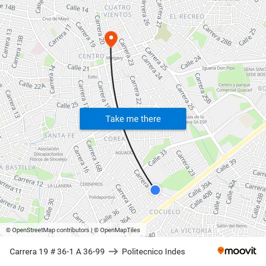 Carrera 19 # 36-1 A 36-99 to Politecnico Indes map