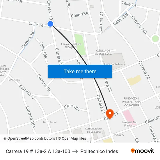 Carrera 19 # 13a-2 A 13a-100 to Politecnico Indes map