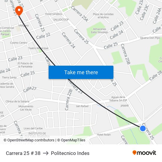 Carrera 25 # 38 to Politecnico Indes map