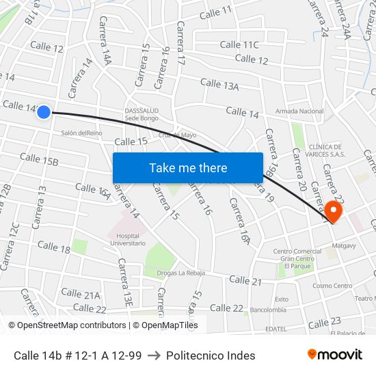 Calle 14b # 12-1 A 12-99 to Politecnico Indes map