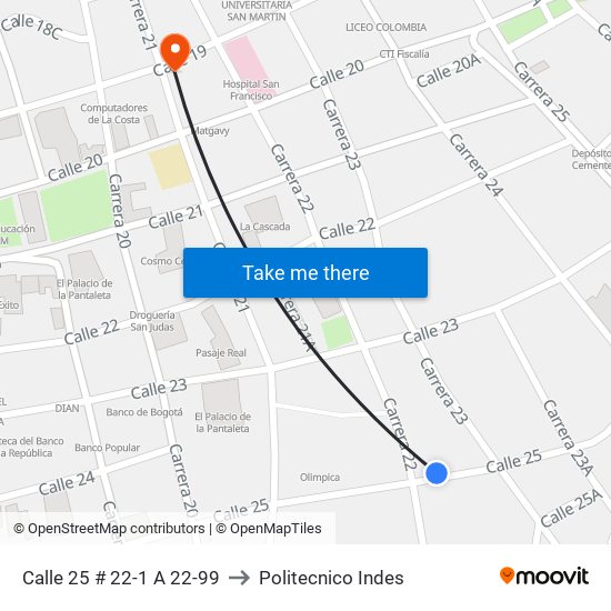 Calle 25 # 22-1 A 22-99 to Politecnico Indes map