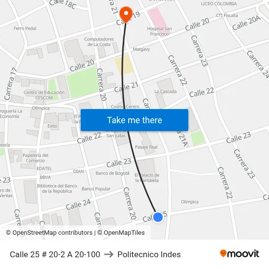 Calle 25 # 20-2 A 20-100 to Politecnico Indes map