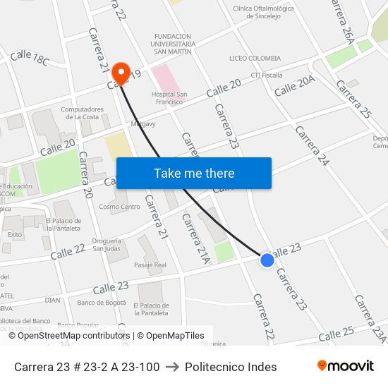 Carrera 23 # 23-2 A 23-100 to Politecnico Indes map