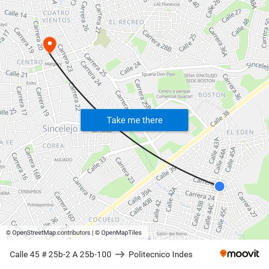 Calle 45 # 25b-2 A 25b-100 to Politecnico Indes map