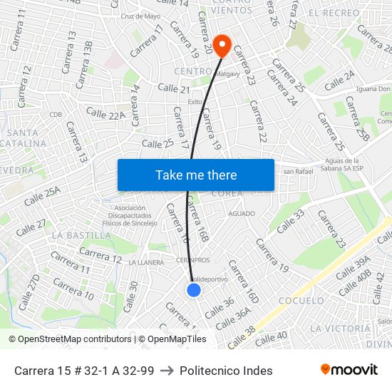 Carrera 15 # 32-1 A 32-99 to Politecnico Indes map