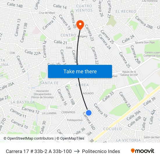 Carrera 17 # 33b-2 A 33b-100 to Politecnico Indes map