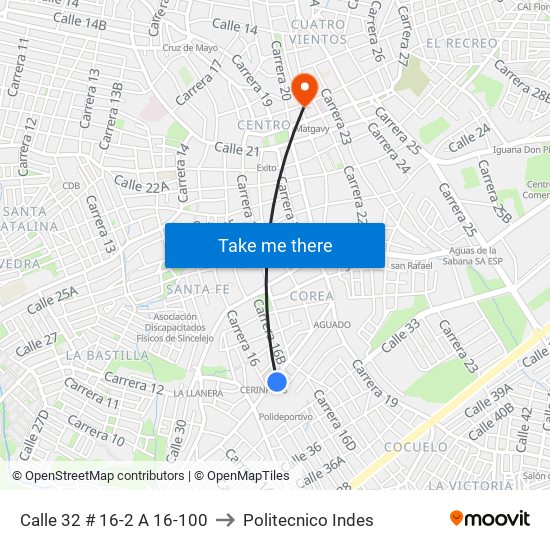 Calle 32 # 16-2 A 16-100 to Politecnico Indes map