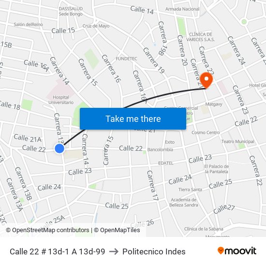 Calle 22 # 13d-1 A 13d-99 to Politecnico Indes map