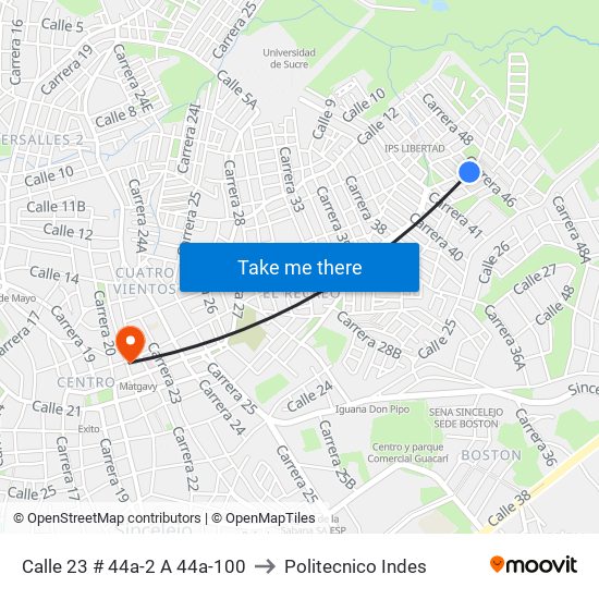 Calle 23 # 44a-2 A 44a-100 to Politecnico Indes map