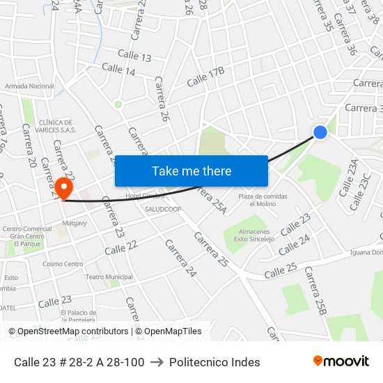 Calle 23 # 28-2 A 28-100 to Politecnico Indes map