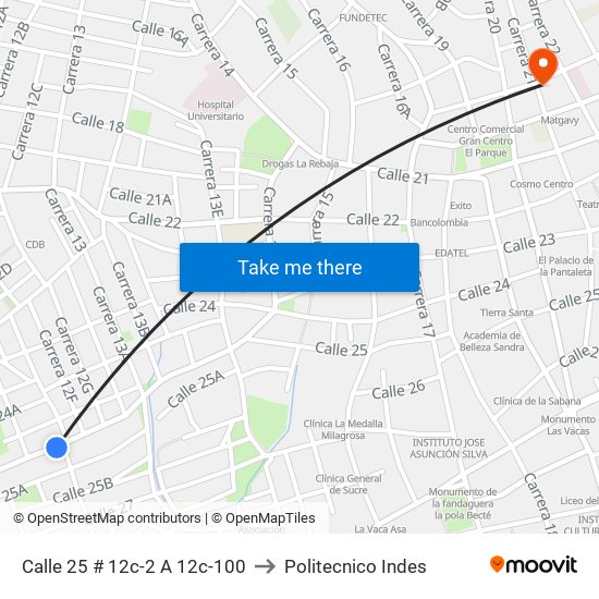 Calle 25 # 12c-2 A 12c-100 to Politecnico Indes map