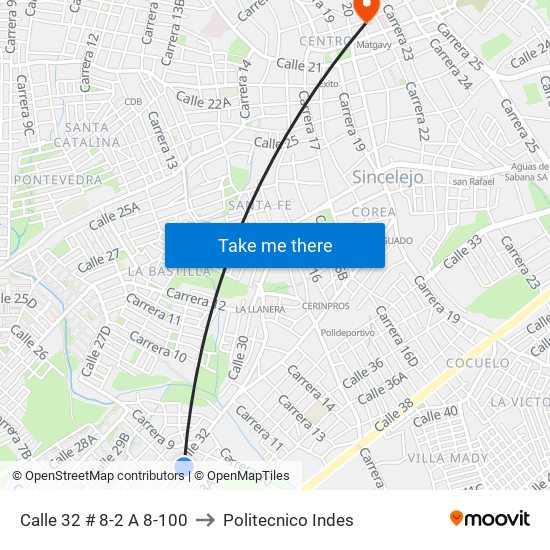 Calle 32 # 8-2 A 8-100 to Politecnico Indes map