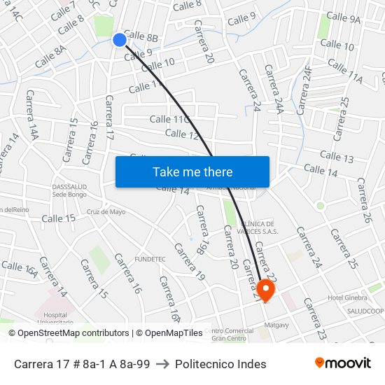 Carrera 17 # 8a-1 A 8a-99 to Politecnico Indes map