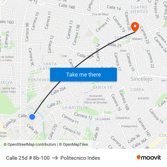 Calle 25d # 8b-100 to Politecnico Indes map