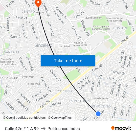 Calle 42e # 1 A 99 to Politecnico Indes map