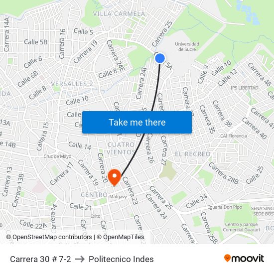 Carrera 30 # 7-2 to Politecnico Indes map